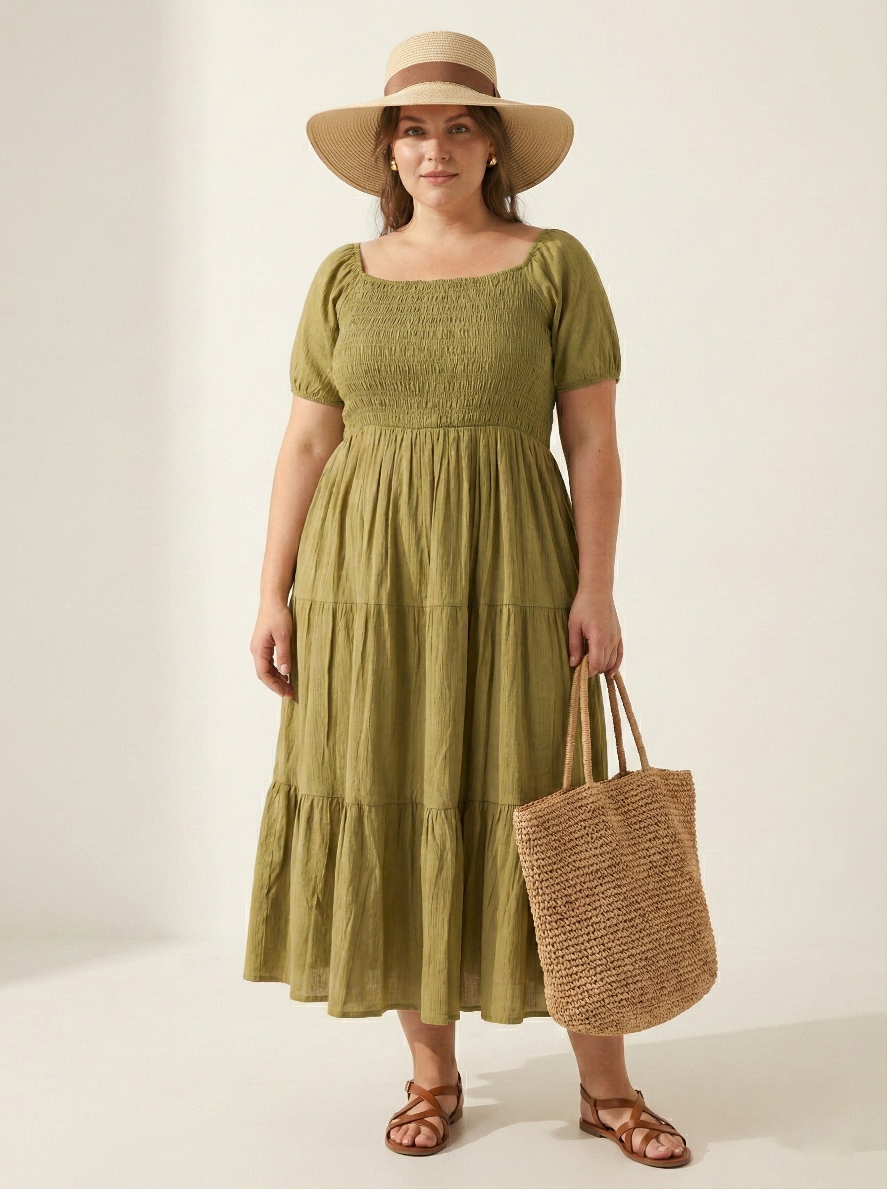 U&F Beyond Olive Green Smocked Tiered Midi Dress