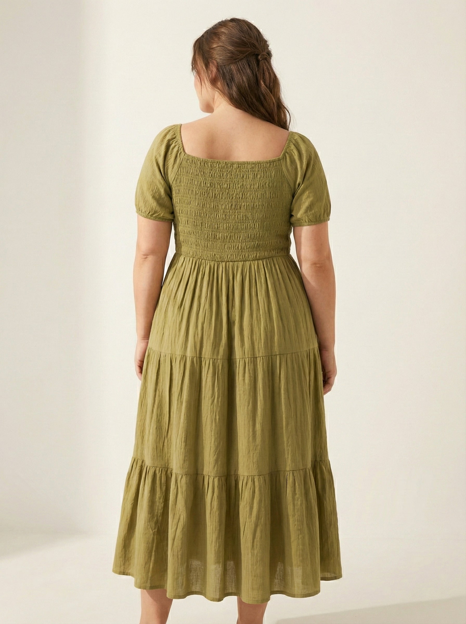 U&F Beyond Olive Green Smocked Tiered Midi Dress