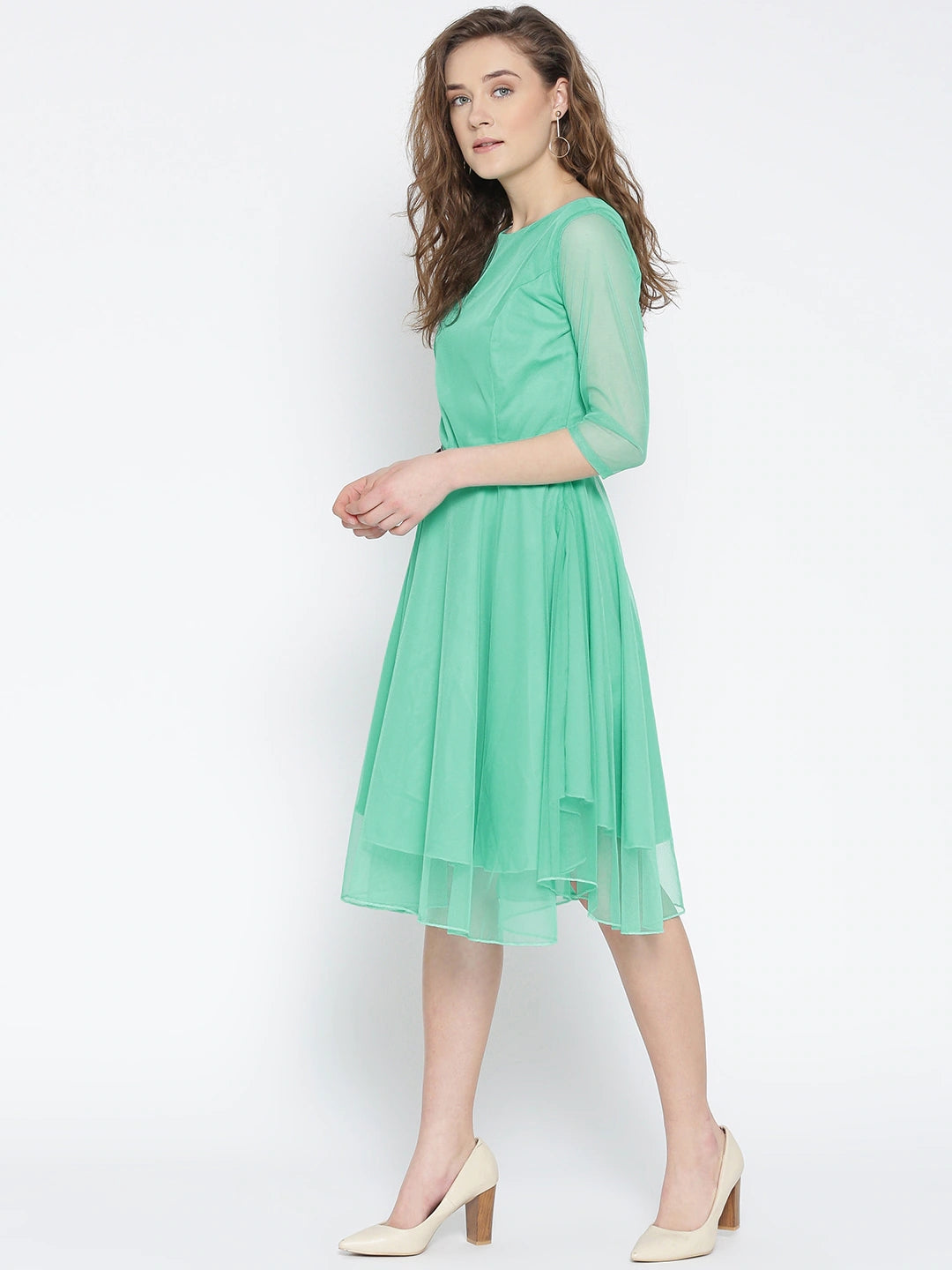 Women Sea Green Net Solid Fit & Flare Dress