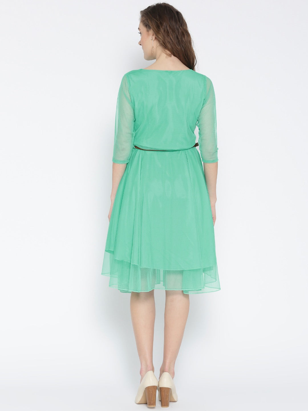 Women Sea Green Net Solid Fit & Flare Dress