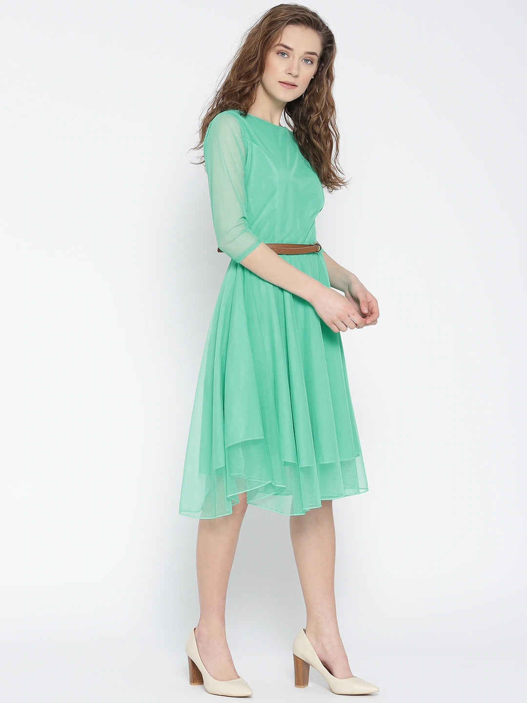Women Sea Green Net Solid Fit & Flare Dress