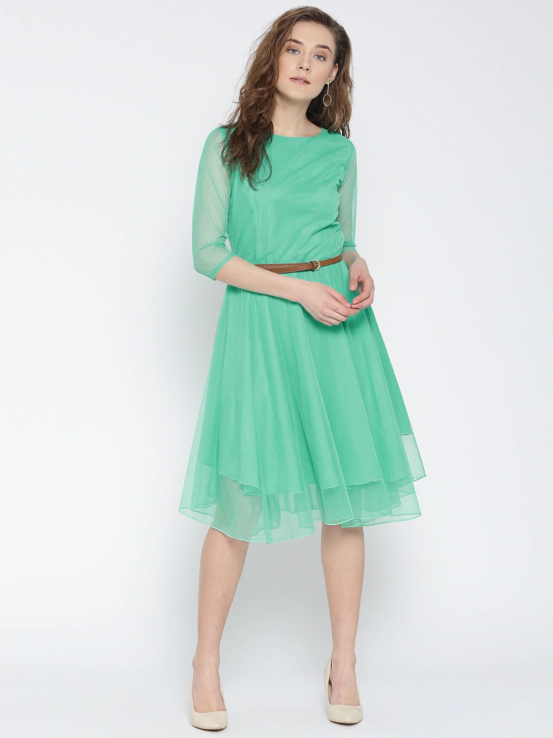 Women Sea Green Net Solid Fit & Flare Dress