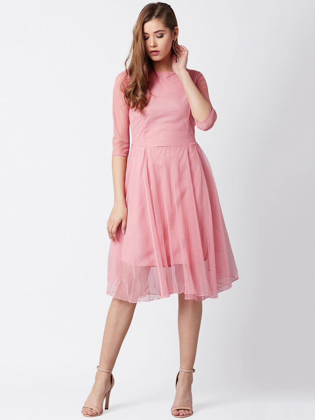 Women Pink Pleated Fit & Flare Dress