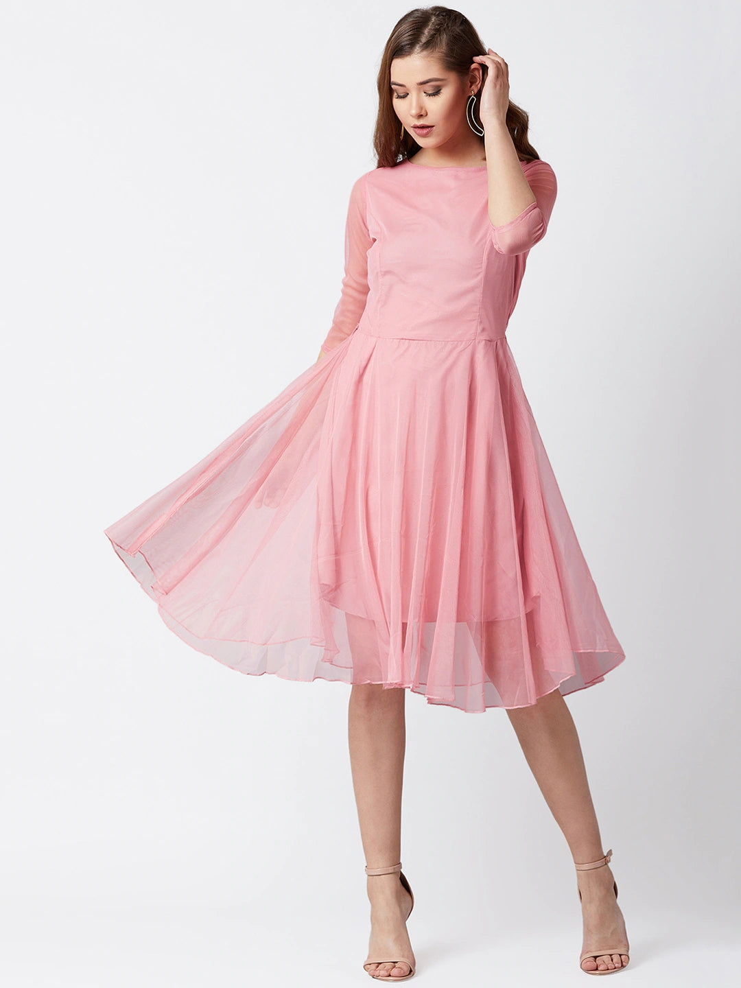 Women Pink Pleated Fit & Flare Dress