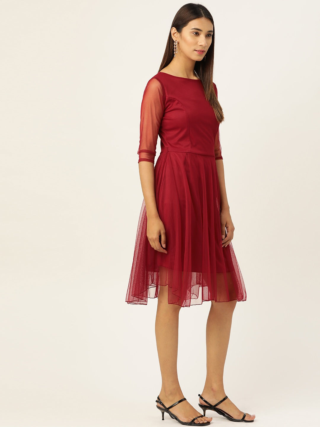 Women Maroon Solid Fit and Flare Dress