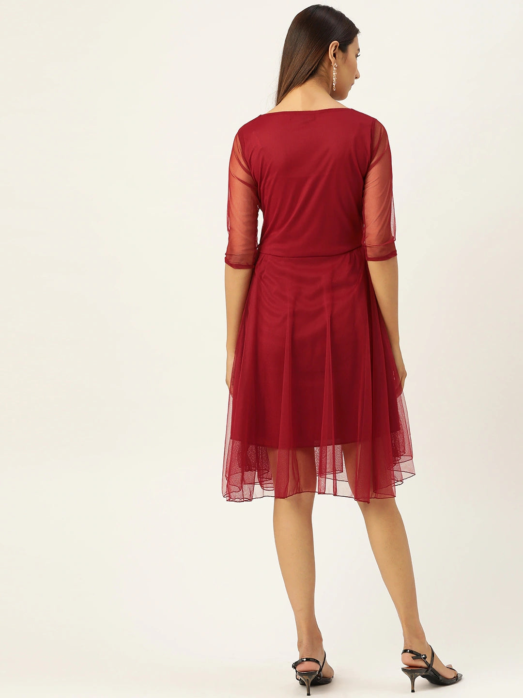 Women Maroon Solid Fit and Flare Dress