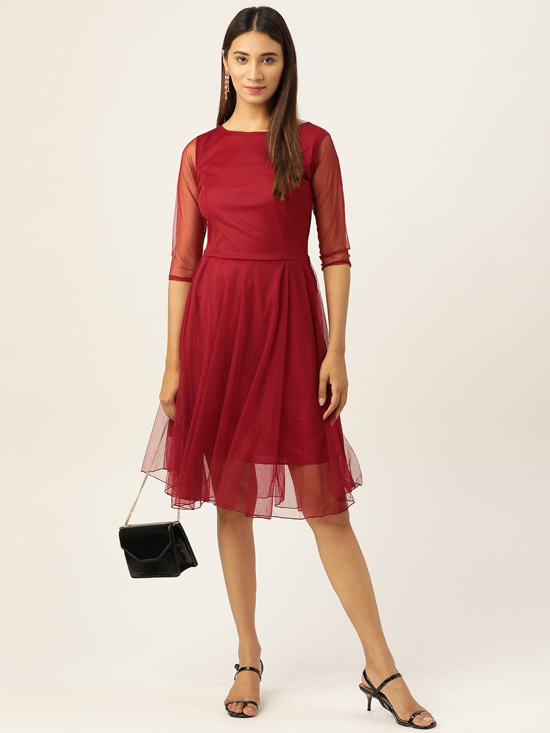 Women Maroon Solid Fit and Flare Dress