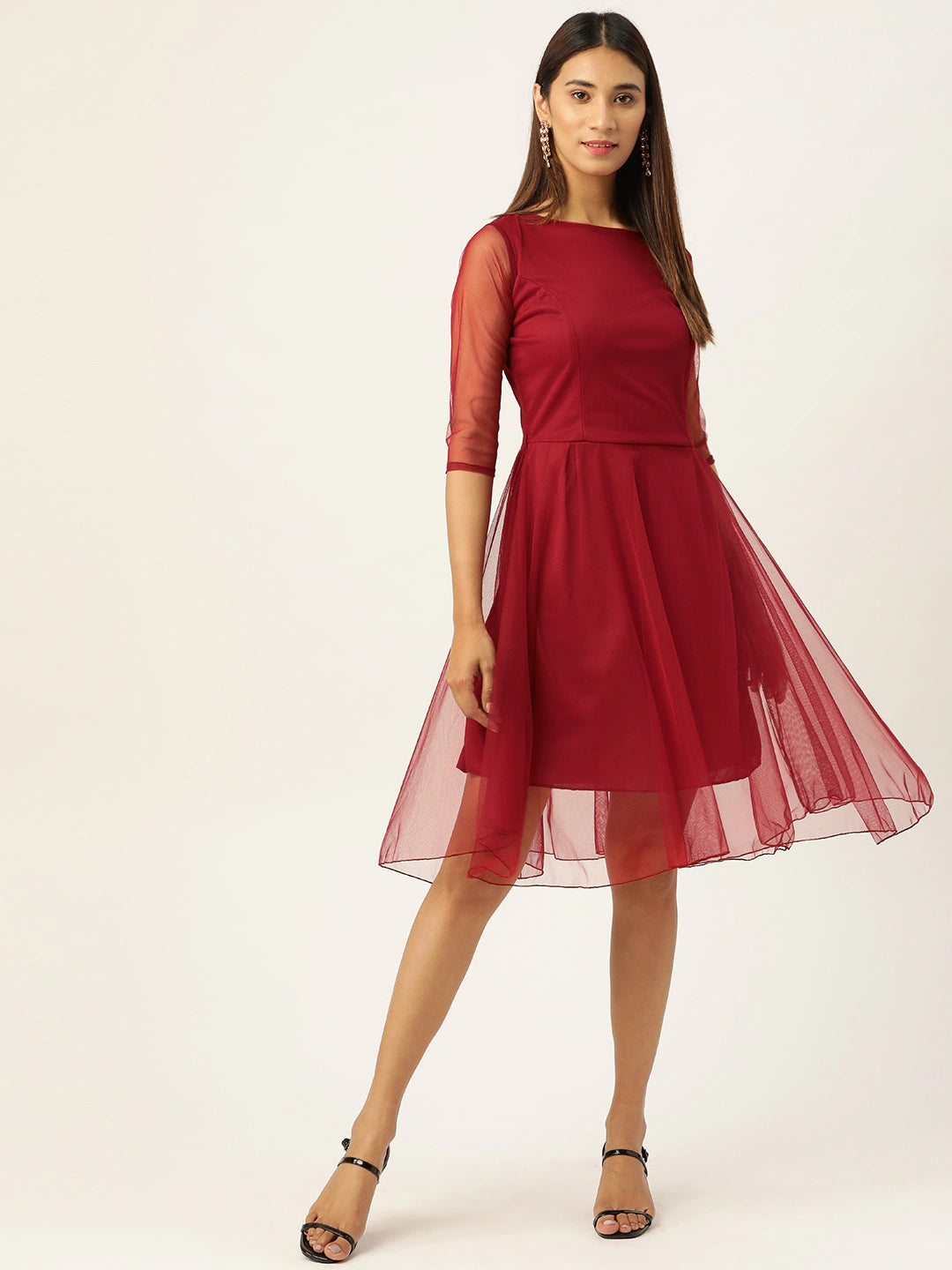 Women Maroon Solid Fit and Flare Dress