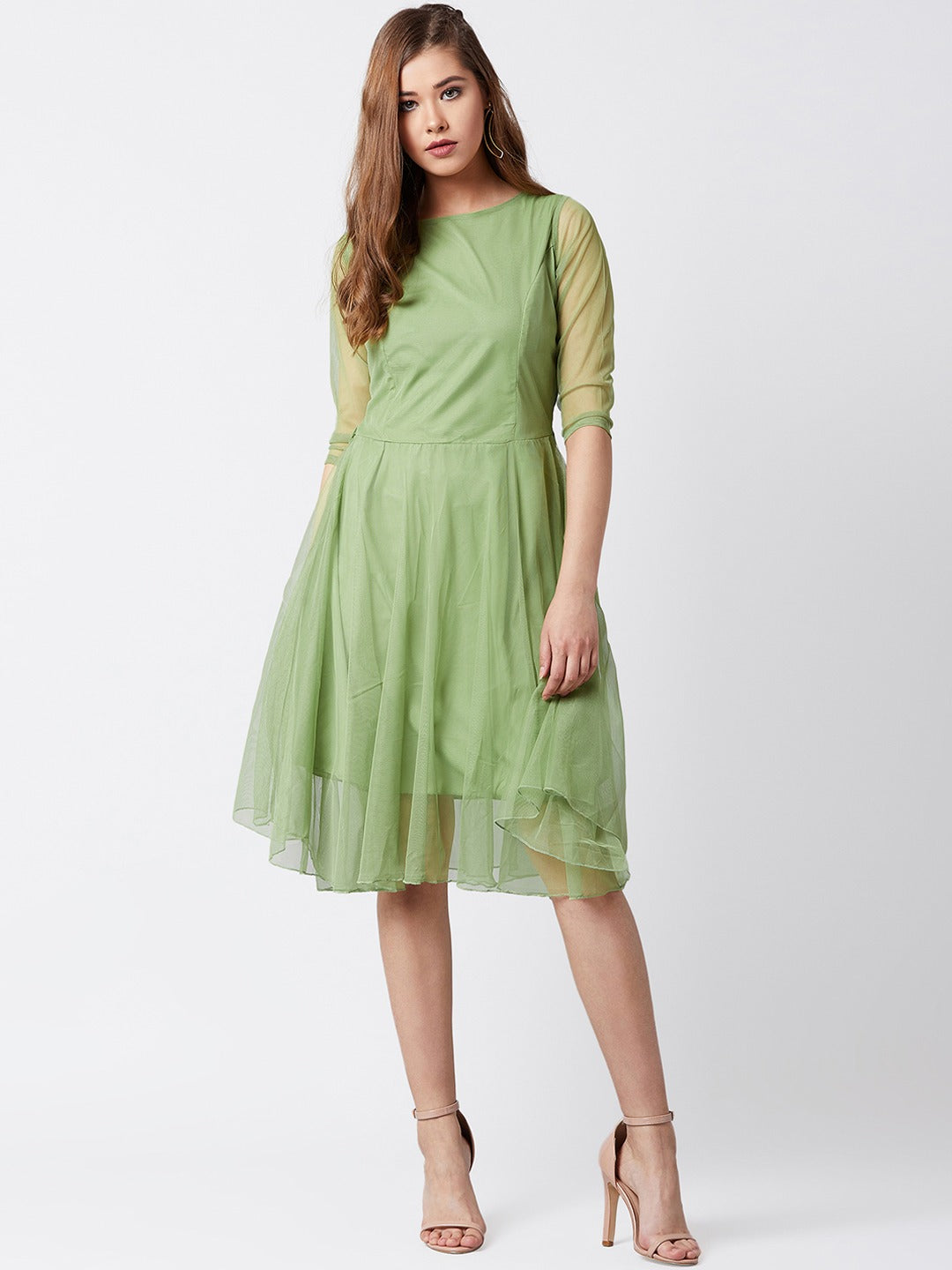Women Green Solid Fit and Flare Dress