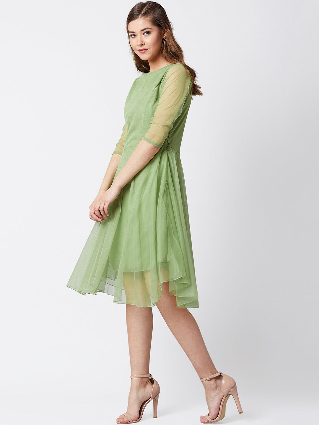 Women Green Solid Fit and Flare Dress