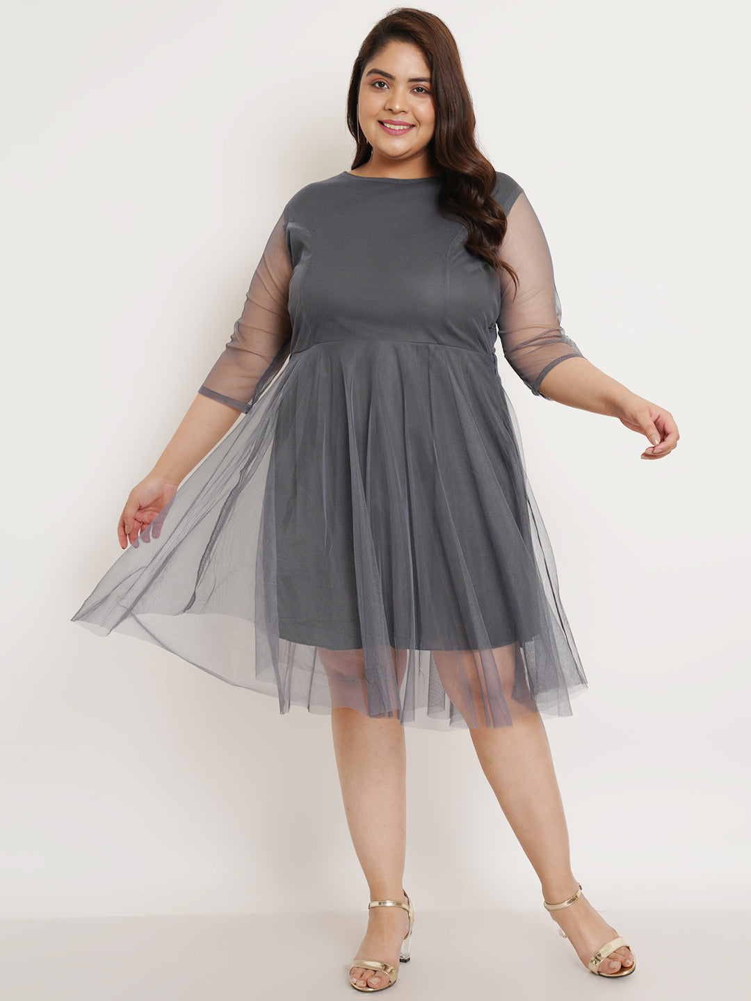 Women Plus Size Grey Net Fit & Flare Dress