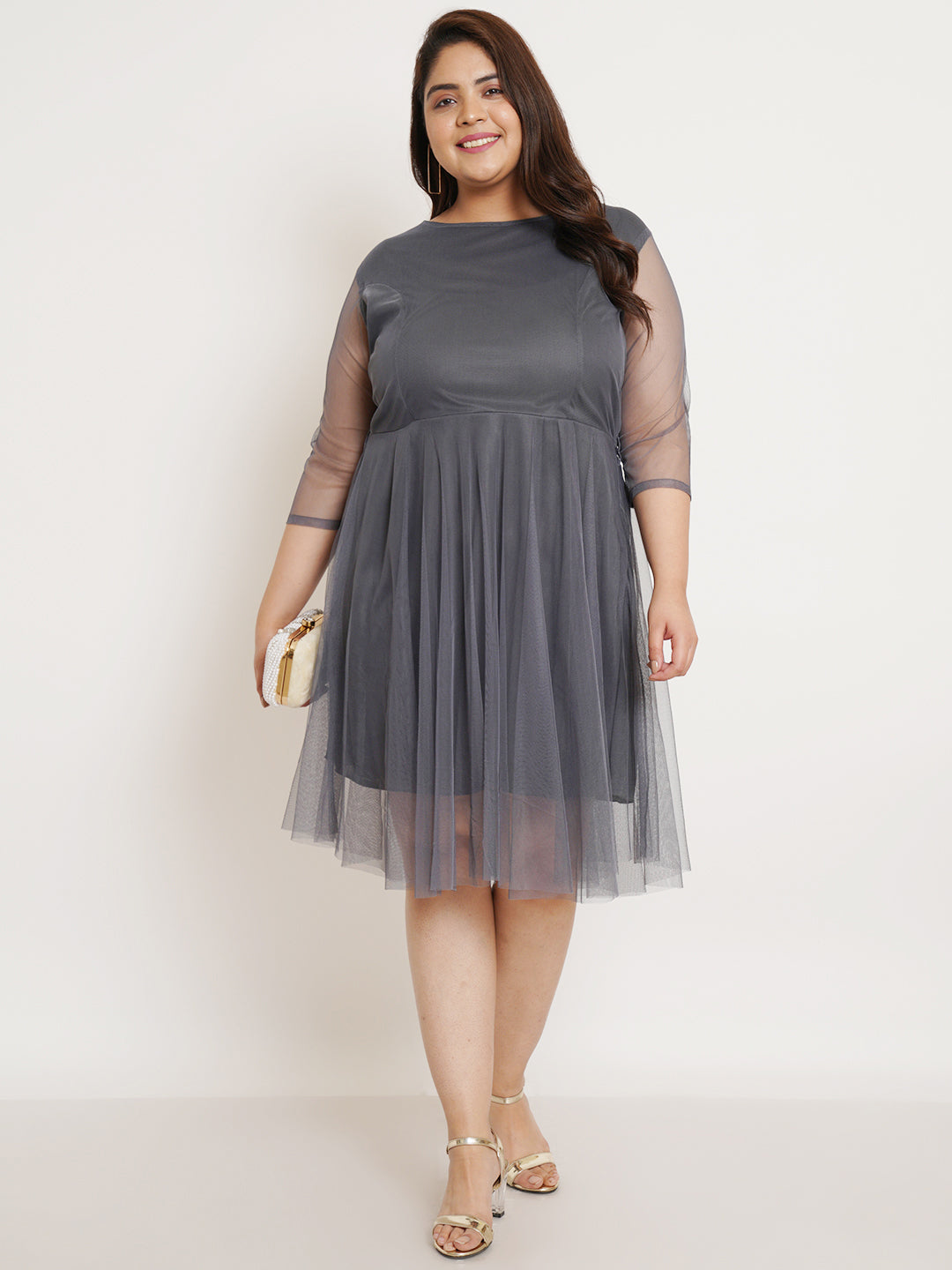 Women Plus Size Grey Net Fit & Flare Dress