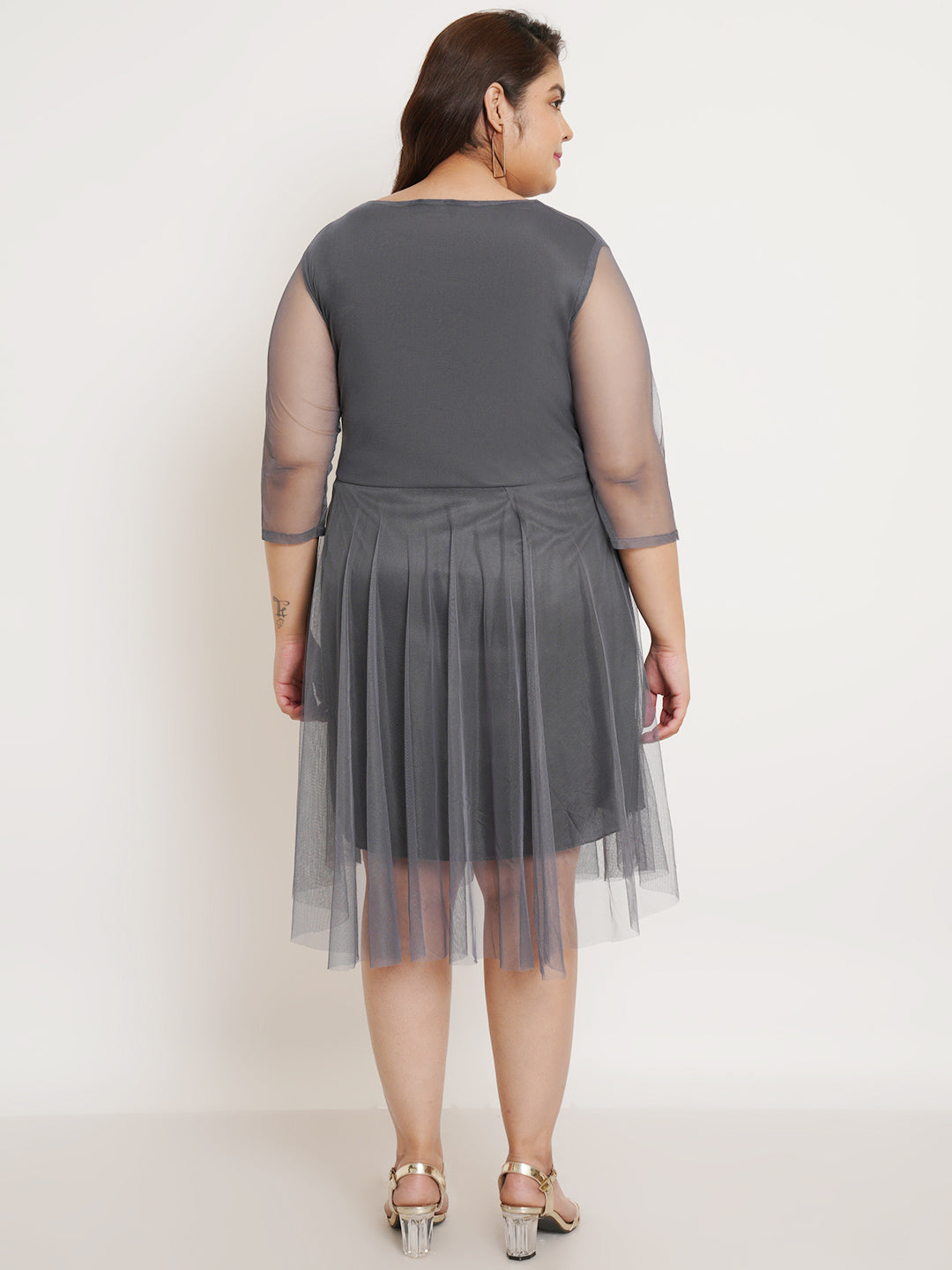 Women Plus Size Grey Net Fit & Flare Dress