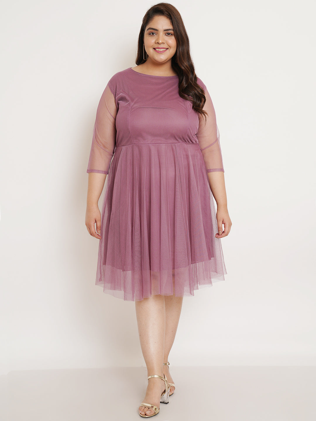 Women Plus Size Purple Net Fit & Flare Dress