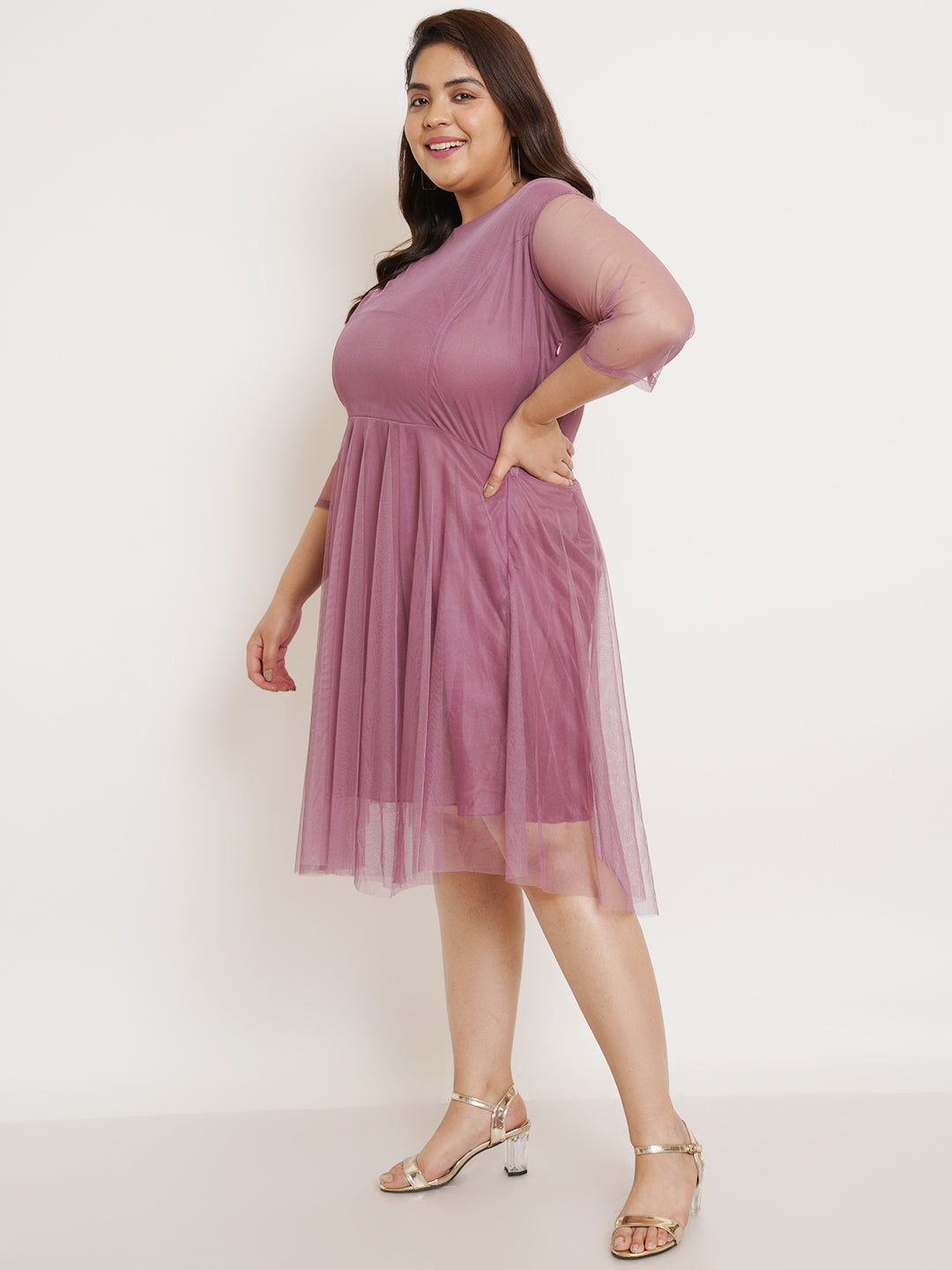 Women Plus Size Purple Net Fit & Flare Dress