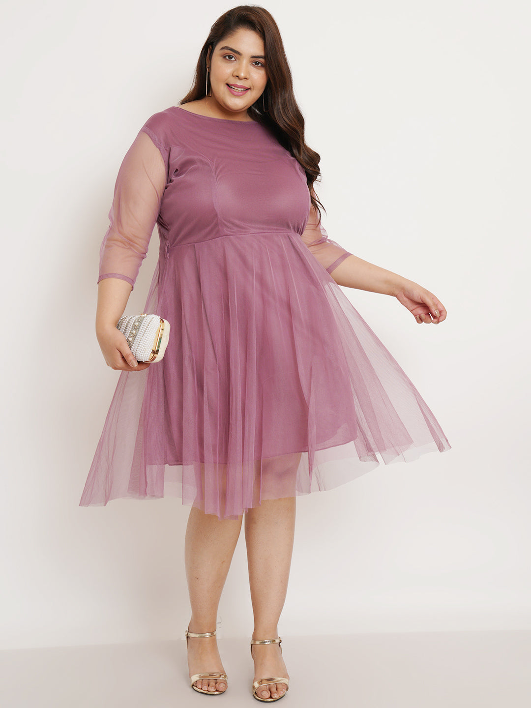 Women Plus Size Purple Net Fit & Flare Dress