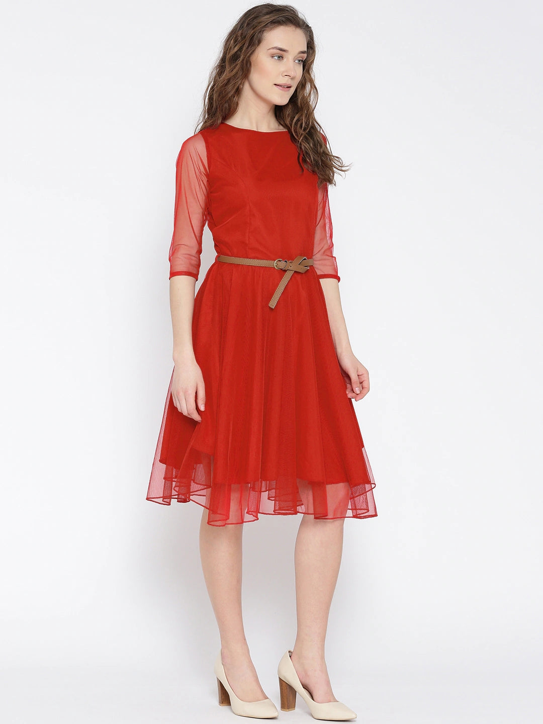 Women Red Net Solid Fit & Flare Dress