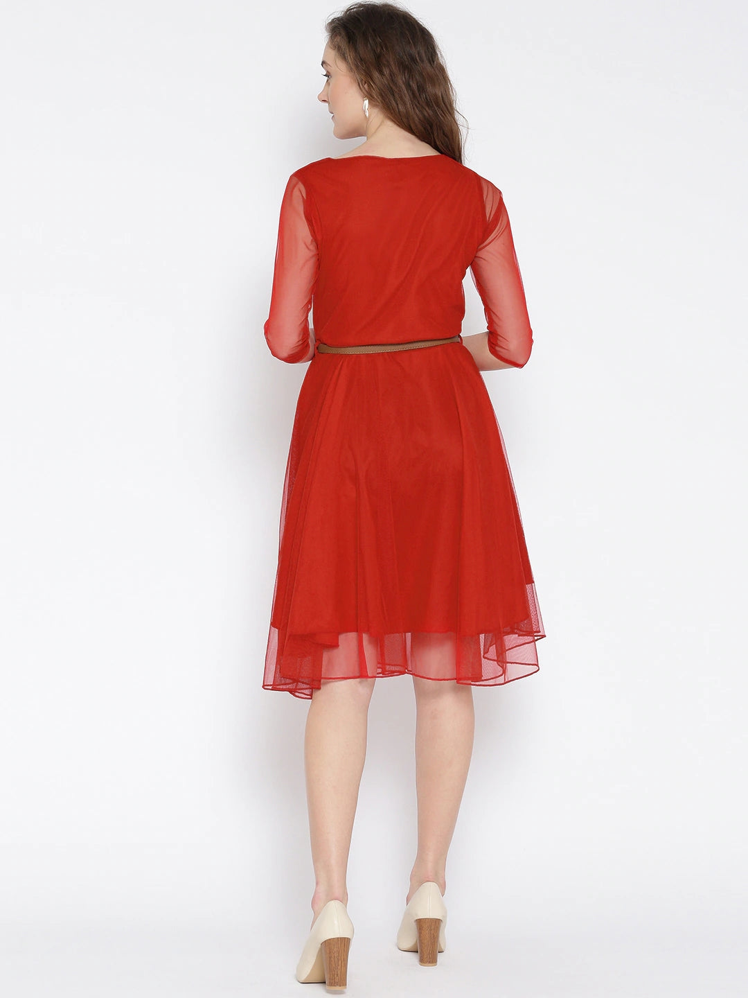 Women Red Net Solid Fit & Flare Dress