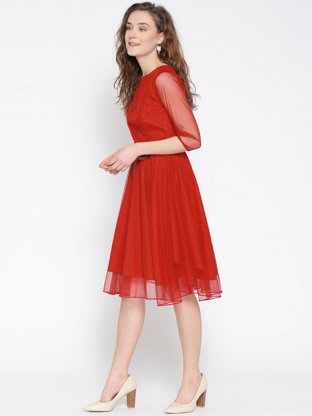 Women Red Net Solid Fit & Flare Dress