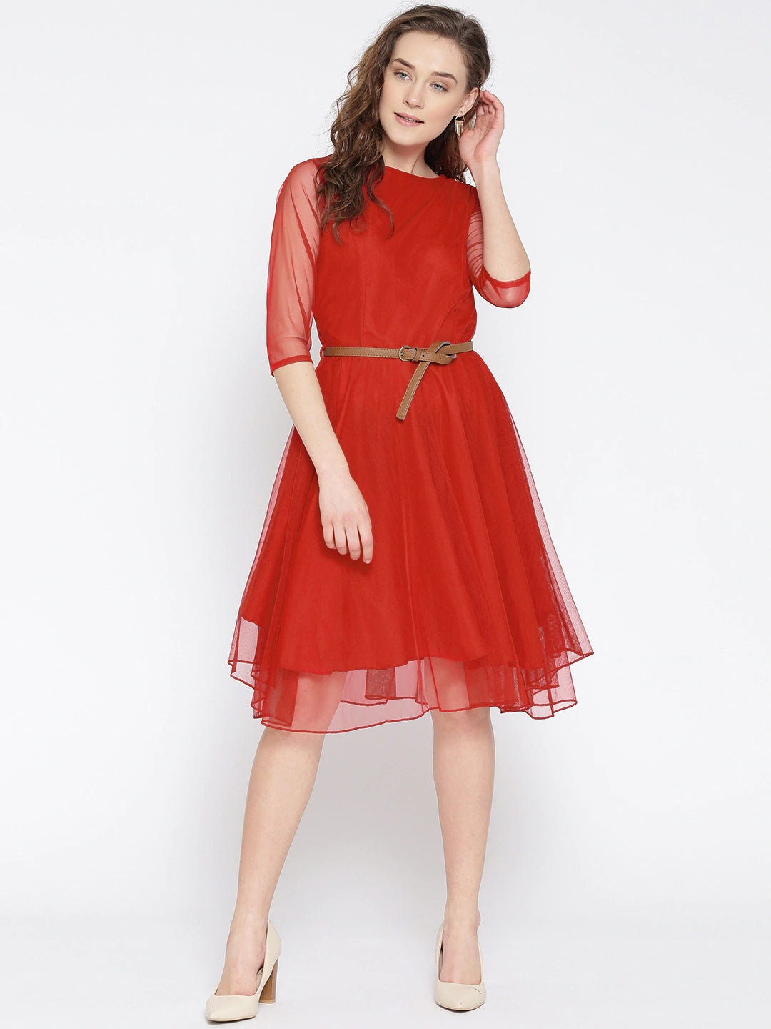 Women Red Net Solid Fit & Flare Dress