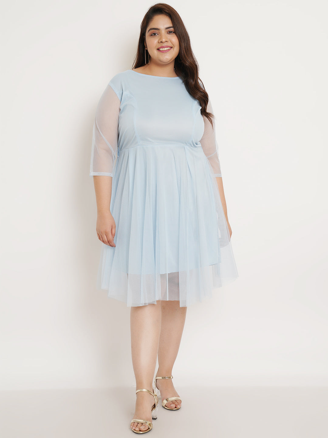 Women Plus Size Blue Net Fit & Flare Dress