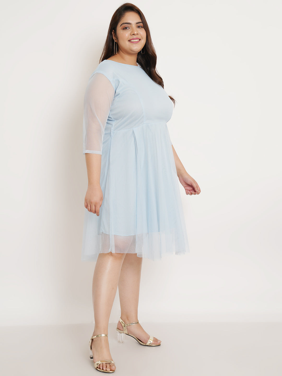 Women Plus Size Blue Net Fit & Flare Dress
