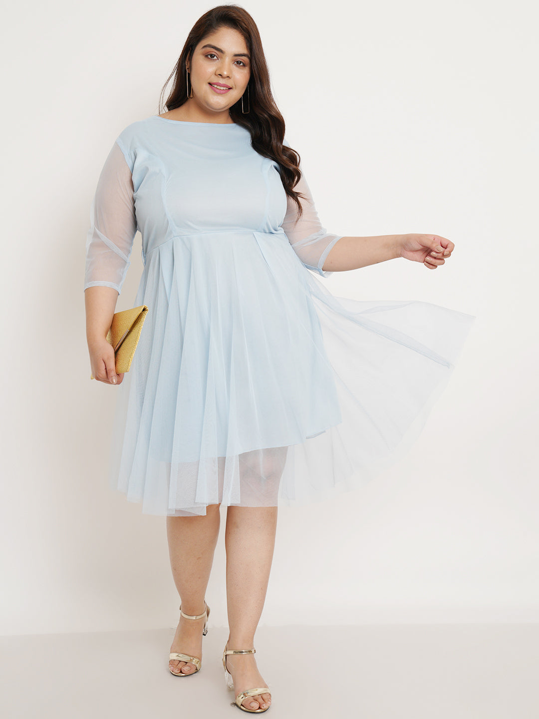 Women Plus Size Blue Net Fit & Flare Dress