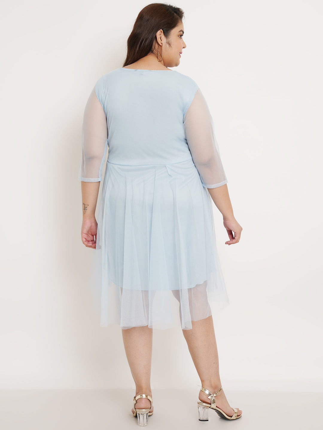 Women Plus Size Blue Net Fit & Flare Dress