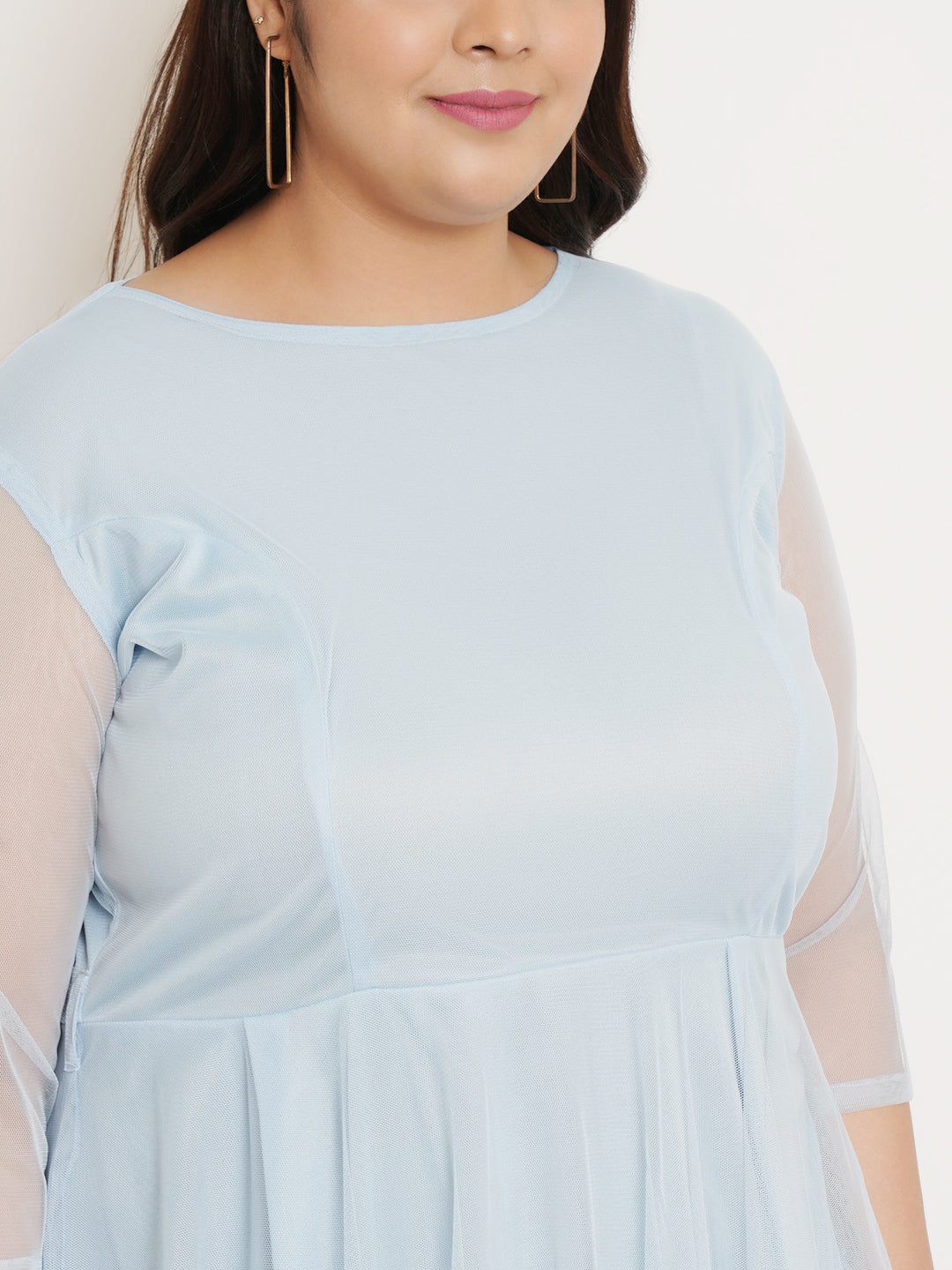 Women Plus Size Blue Net Fit & Flare Dress