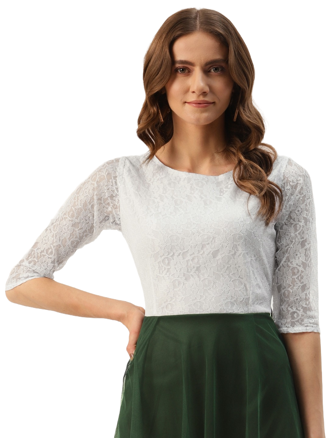 Women Green & White Colourblocked Net Mini Dress