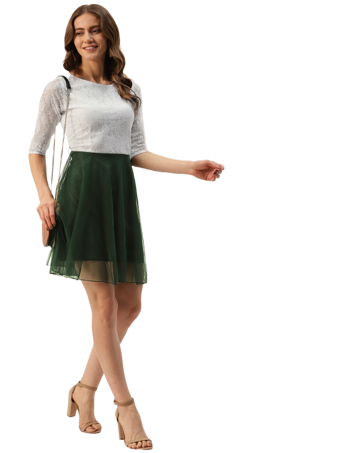 Women Green & White Colourblocked Net Mini Dress