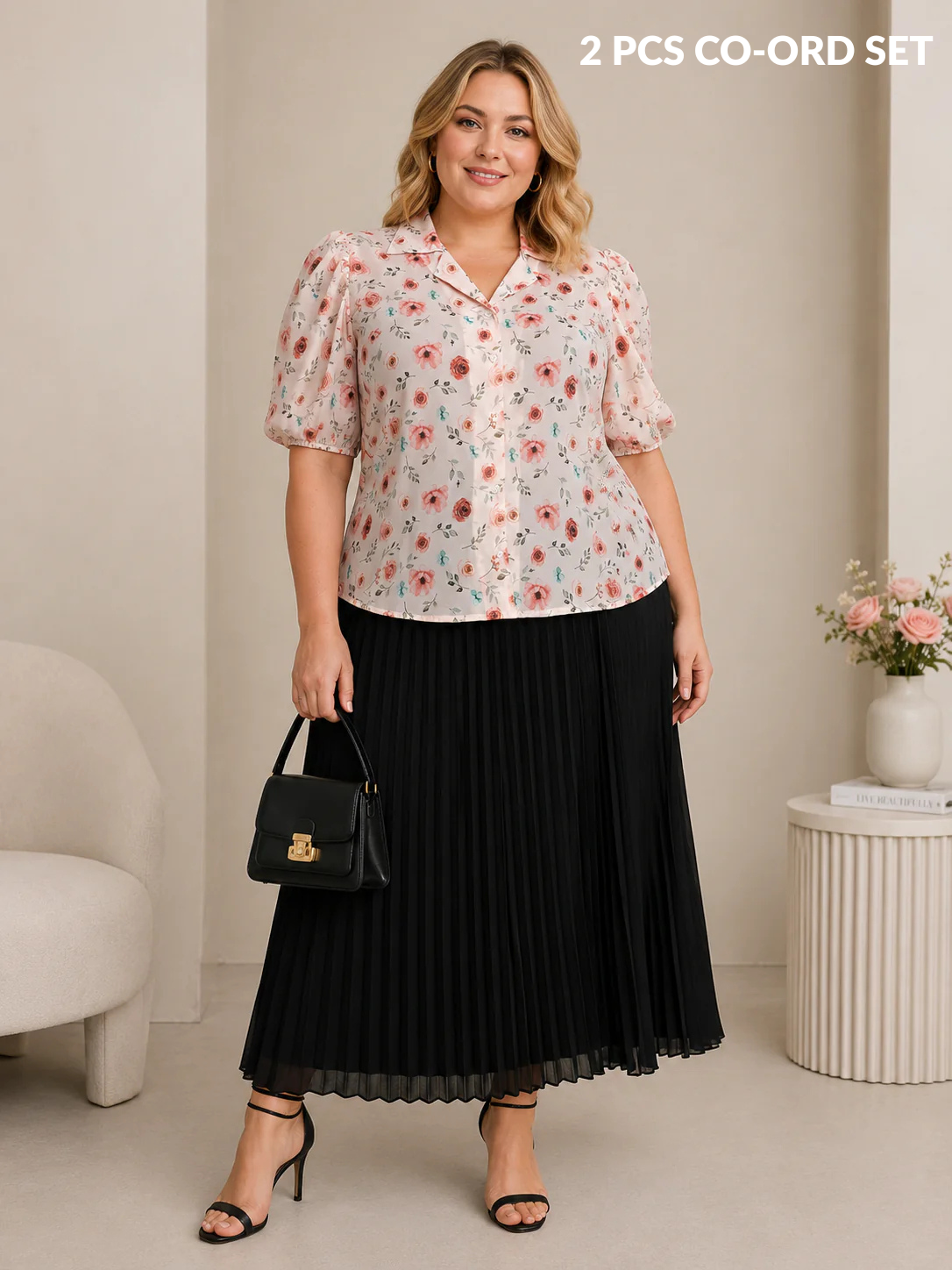 U&F Beyond Cream Floral Printed Shirt with Black Pleated Maxi Skirt Plus Size Co-Ord Set