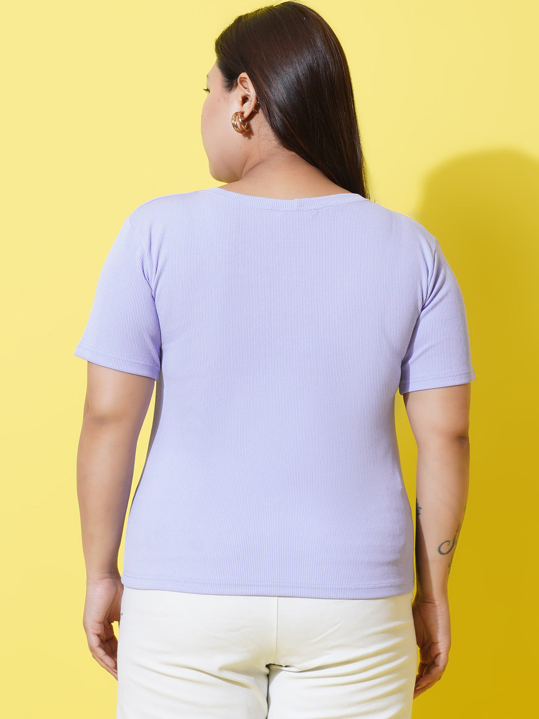 Women Plus Size Lavender Slim Fit Round Neck T-shirt
