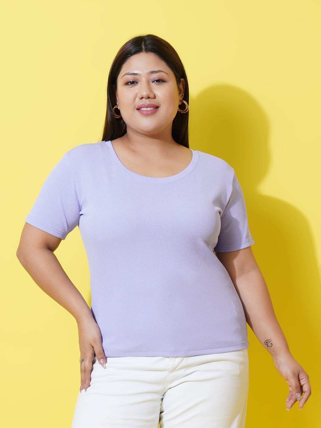 Women Plus Size Lavender Slim Fit Round Neck T-shirt
