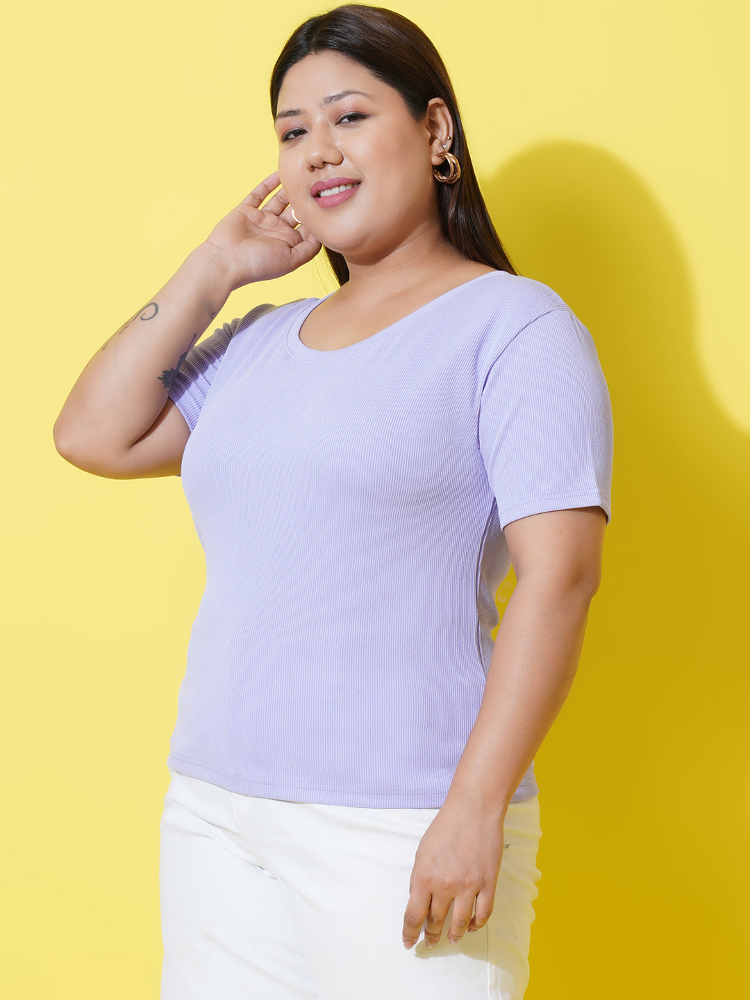 Women Plus Size Lavender Slim Fit Round Neck T-shirt