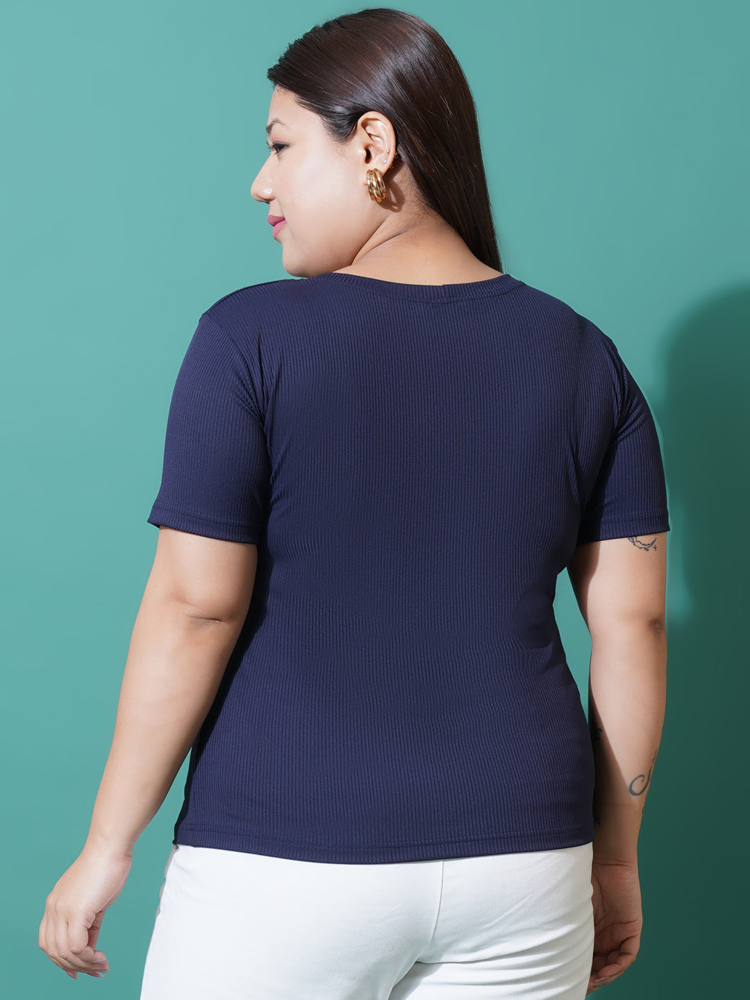 Women Plus Size Navy Blue Slim Fit Round Neck T-shirt