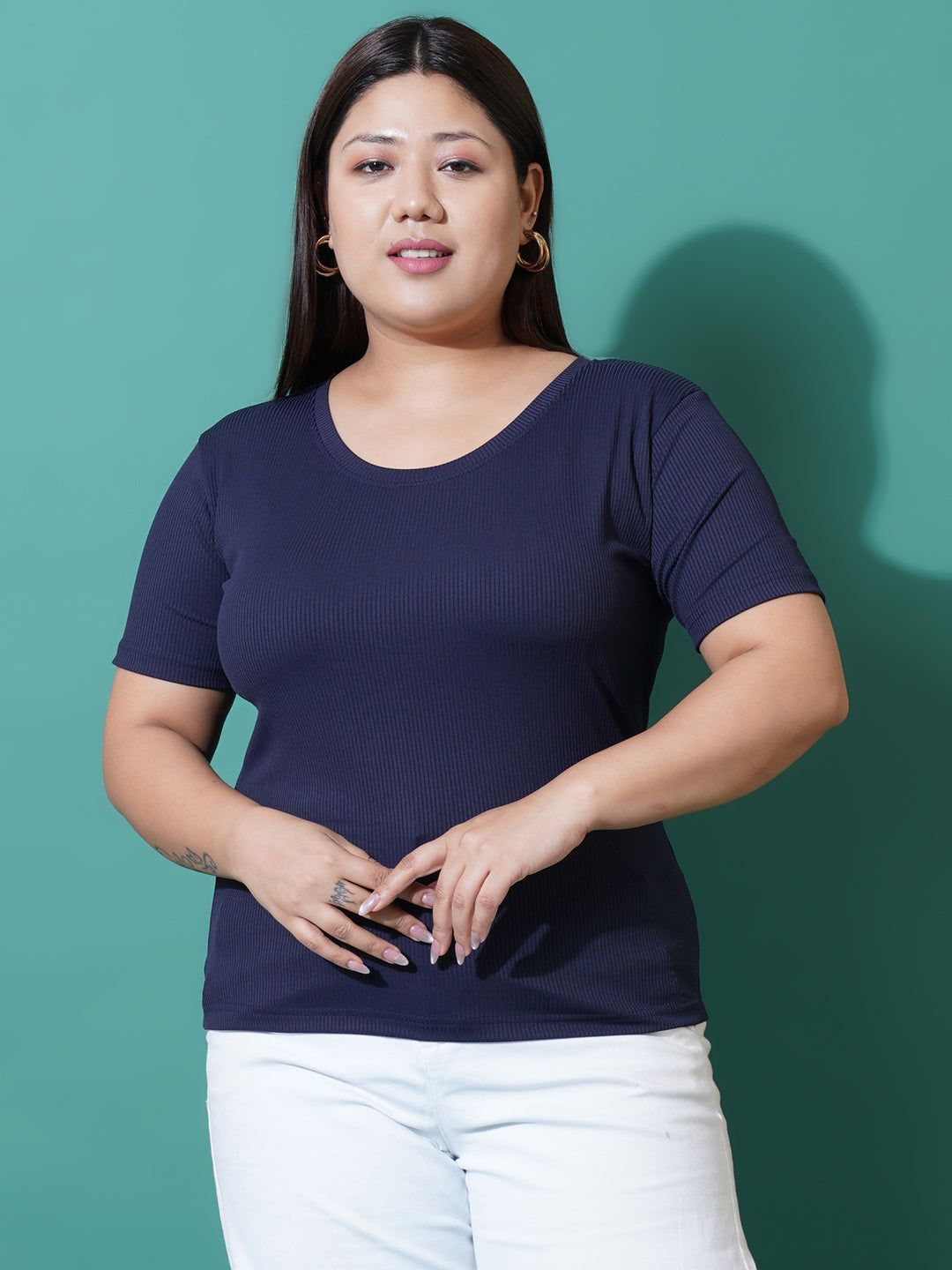 Women Plus Size Navy Blue Slim Fit Round Neck T-shirt
