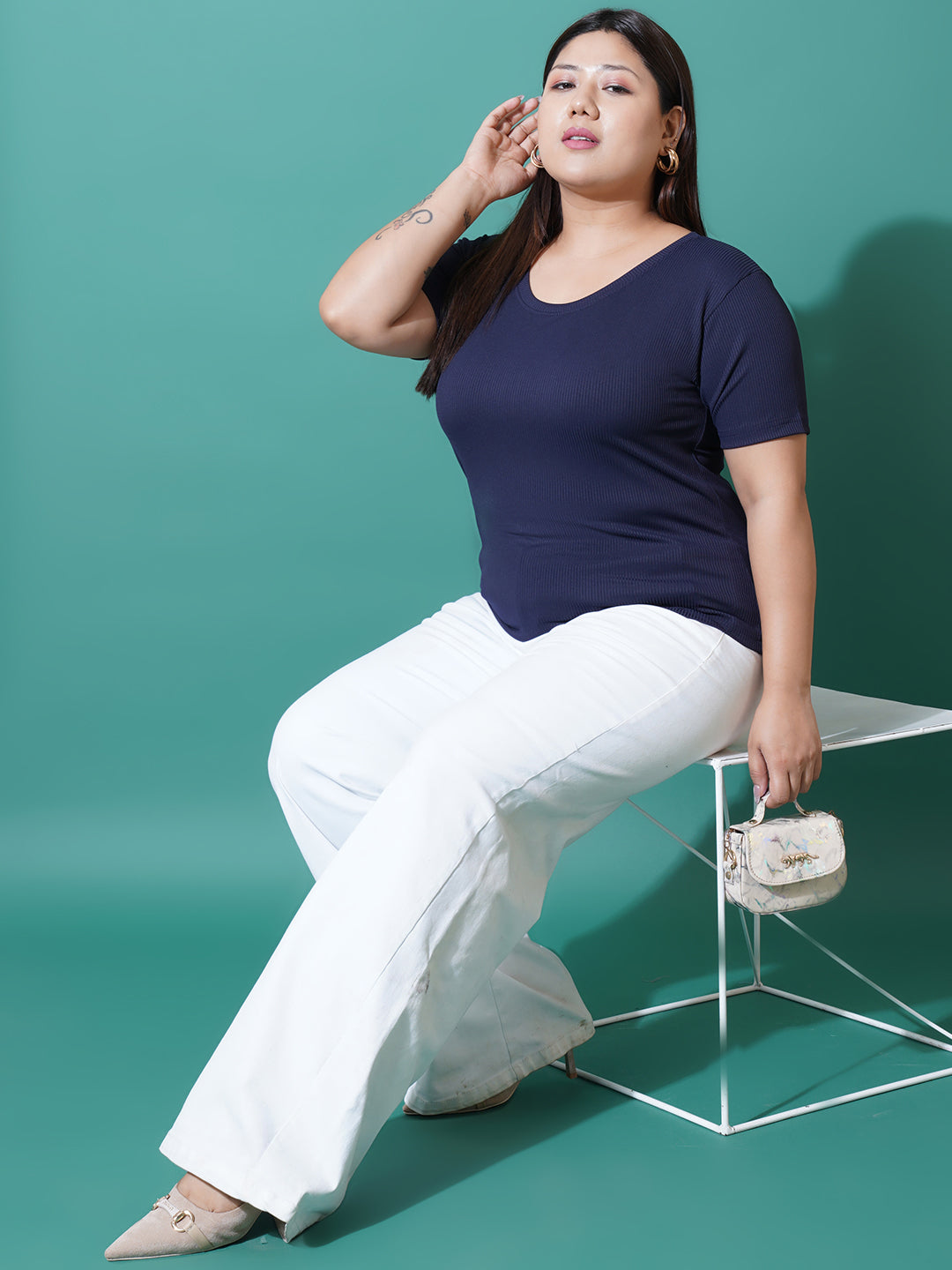 Women Plus Size Navy Blue Slim Fit Round Neck T-shirt