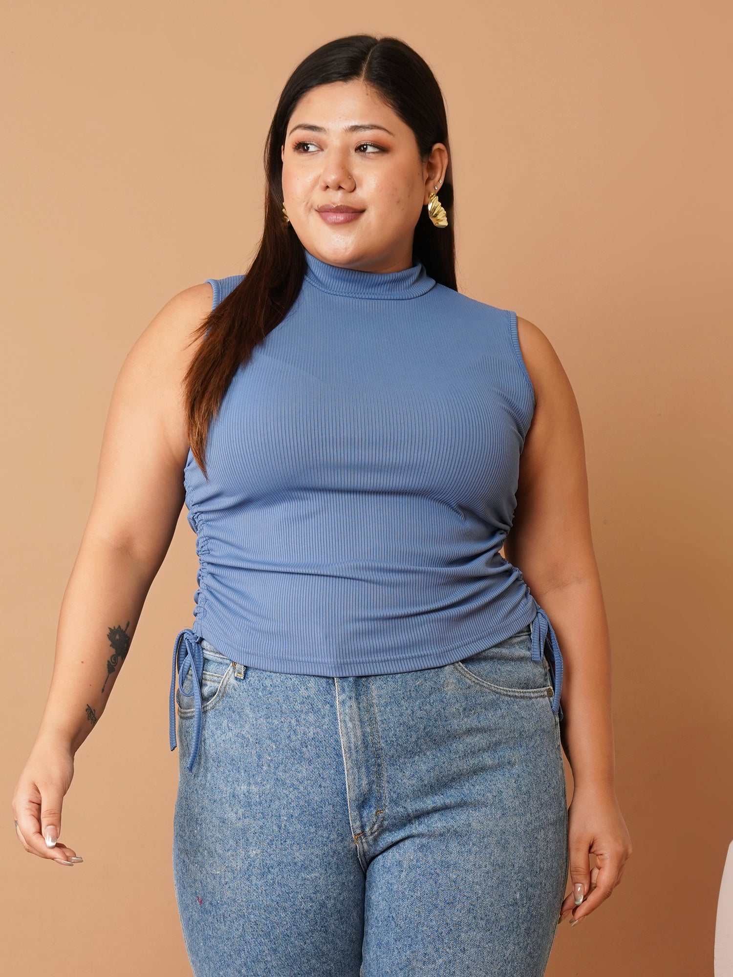 U&F Beyond Blue Scuba High-Neck Sleeveless Side-Tie Plus Size Top