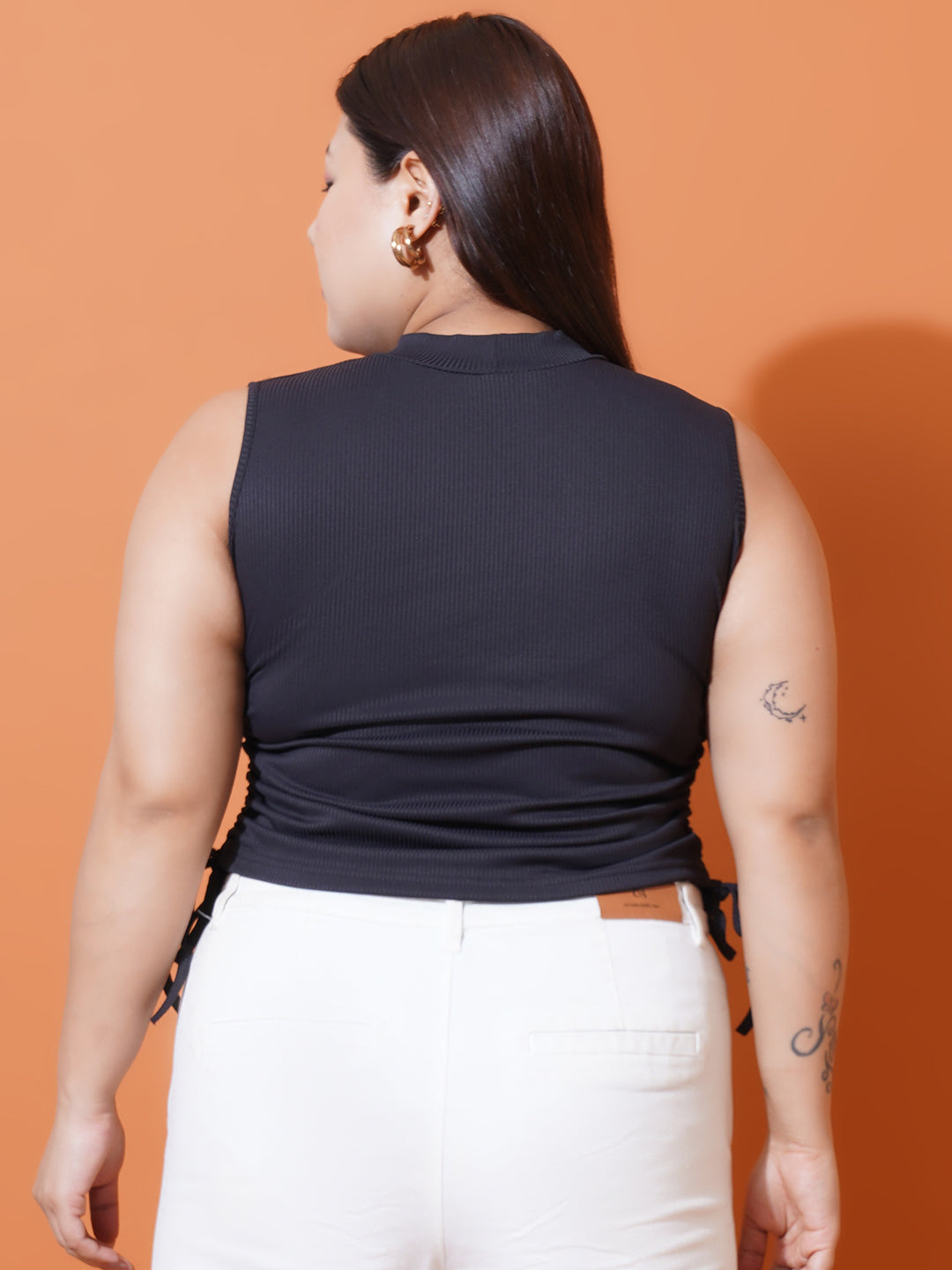 Women Plus Size Black ribbed High Neck Fitted Top