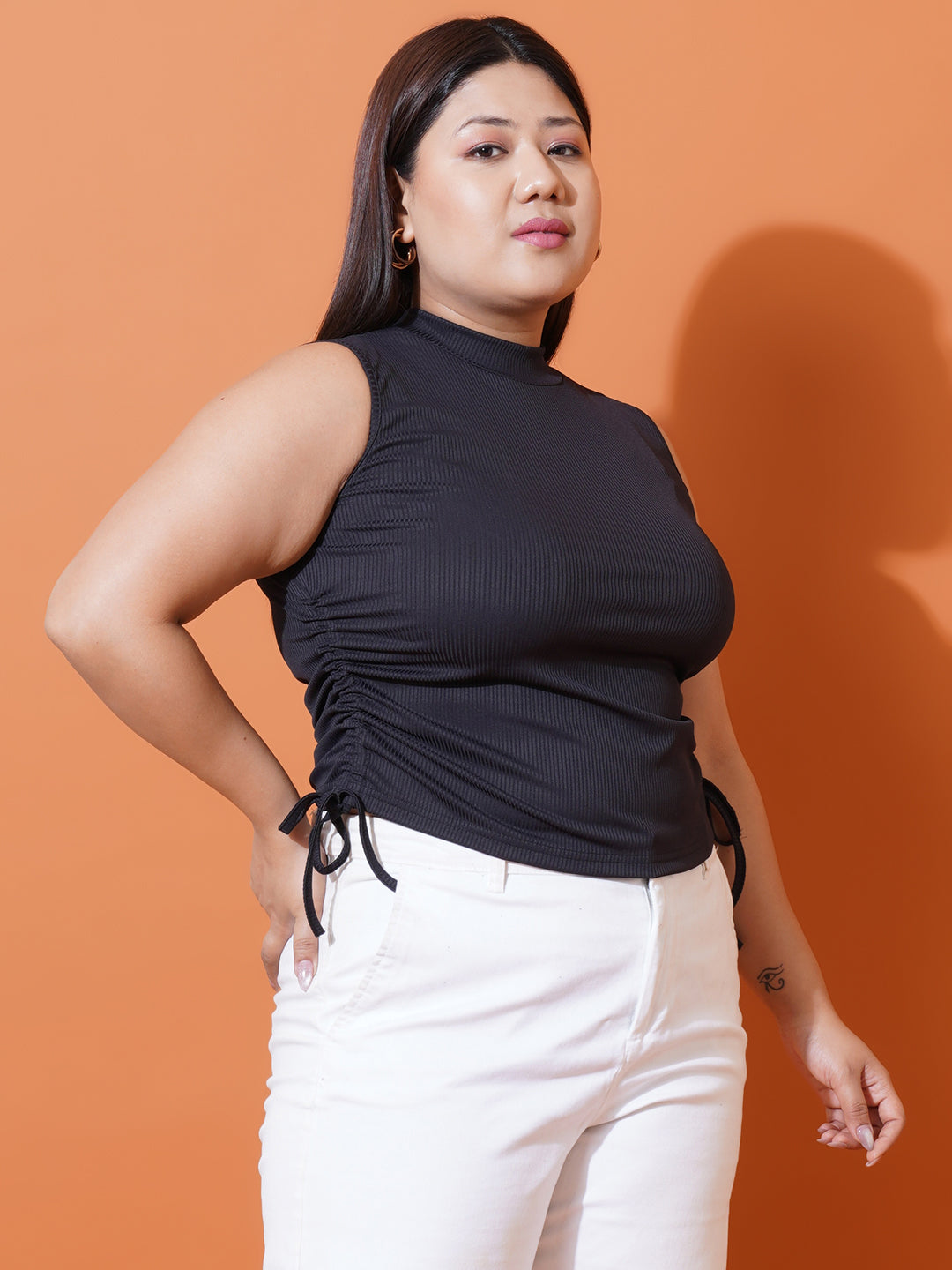 Women Plus Size Black ribbed High Neck Fitted Top