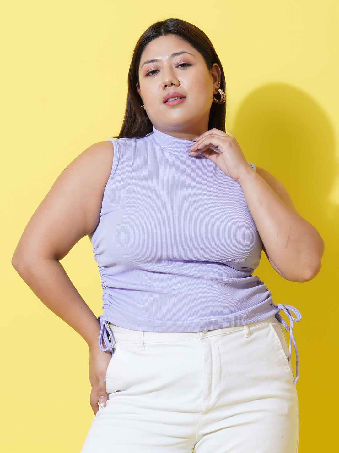 Women Plus Size Lavender ribbed High Neck Fitted Top
