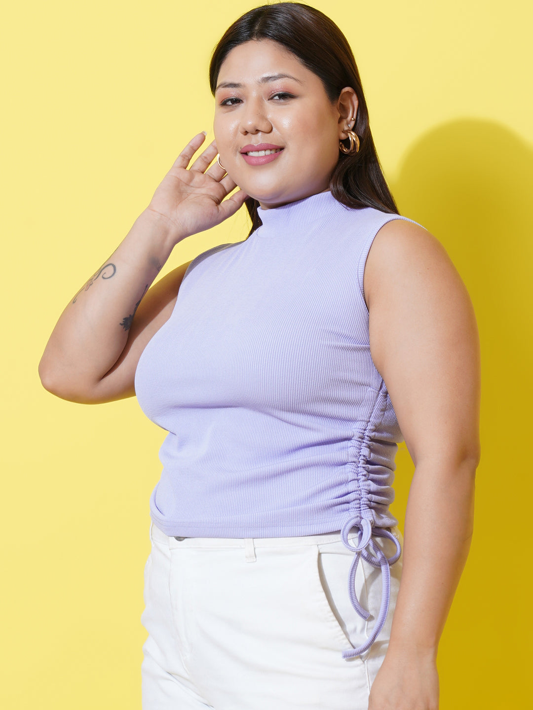Women Plus Size Lavender ribbed High Neck Fitted Top