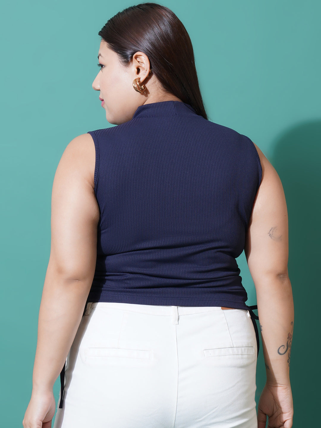 Women Plus Size Navy Blue ribbed High Neck Fitted Top