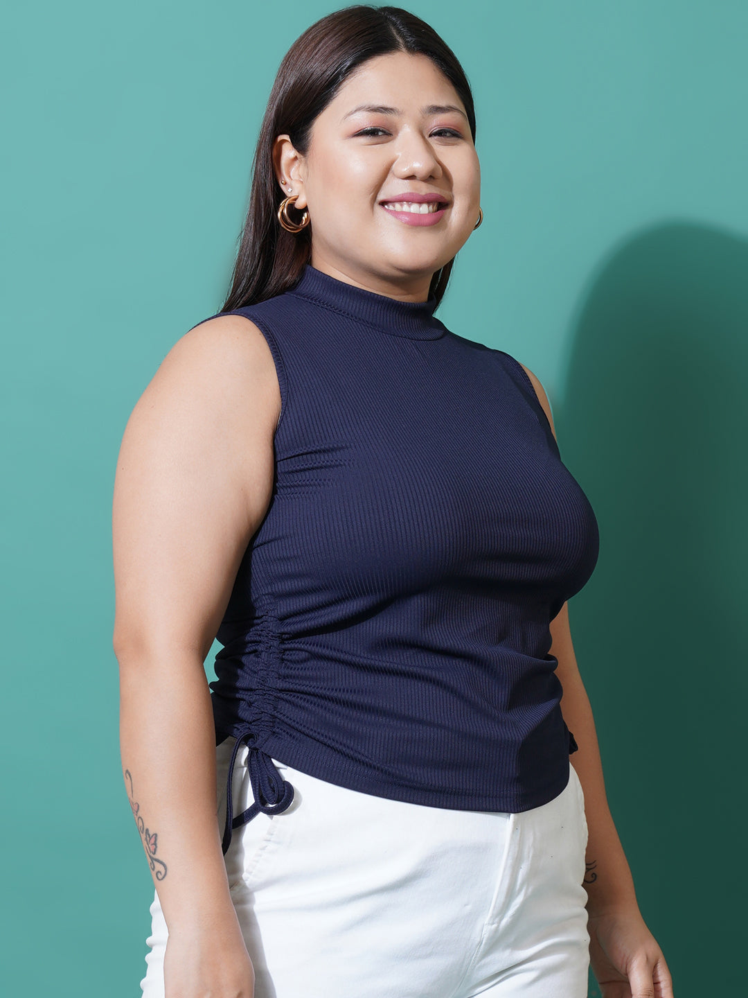 Women Plus Size Navy Blue ribbed High Neck Fitted Top