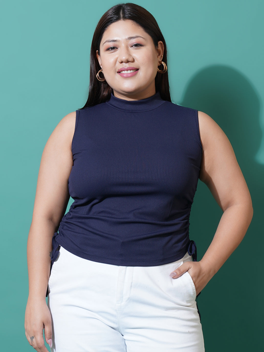 Women Plus Size Navy Blue ribbed High Neck Fitted Top