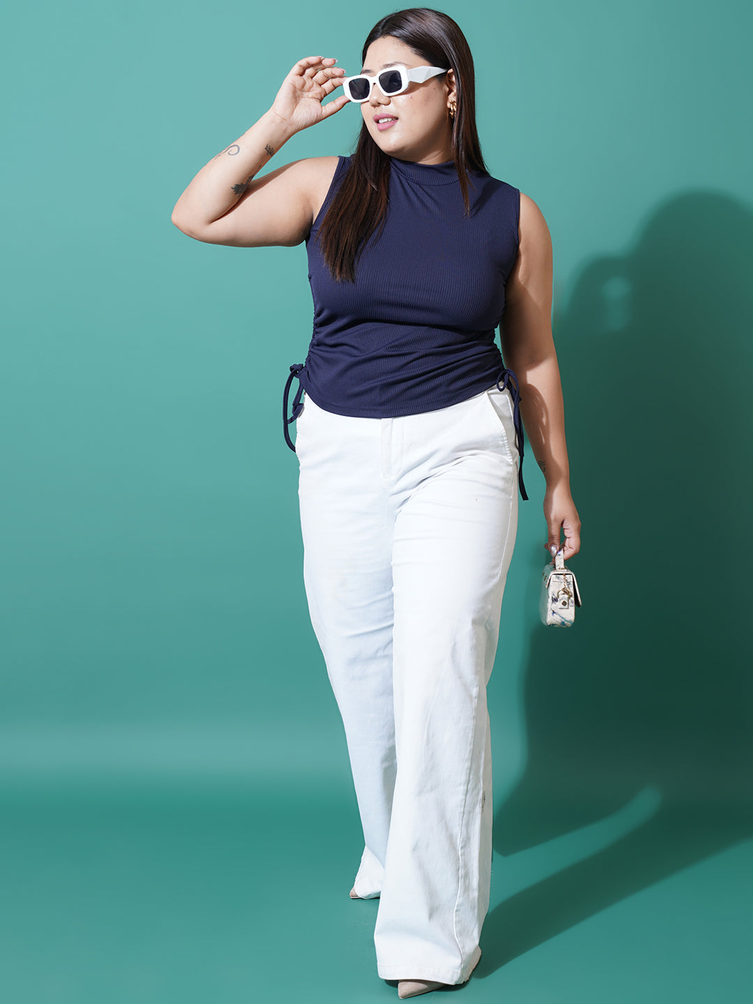 Women Plus Size Navy Blue ribbed High Neck Fitted Top