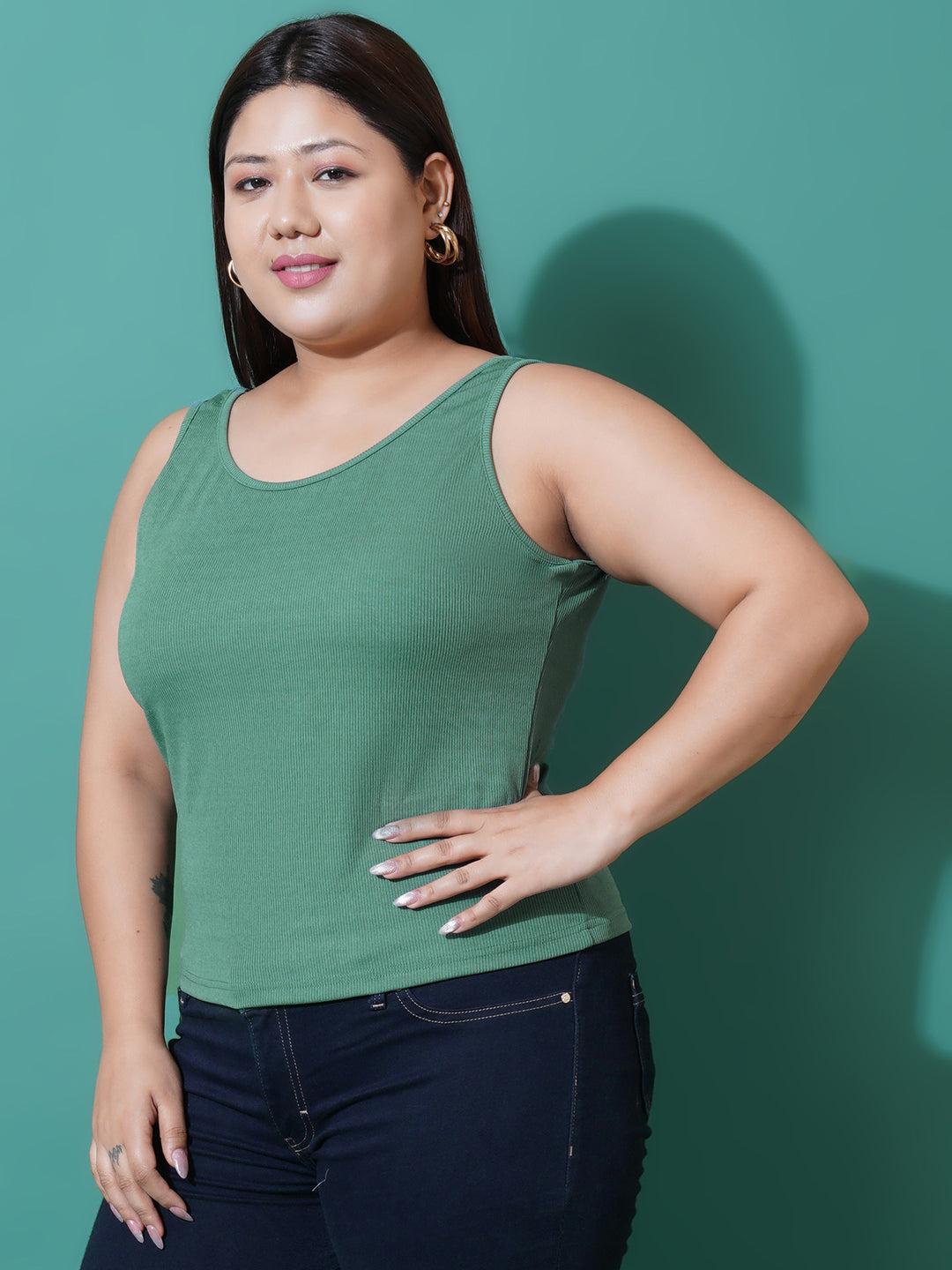 Women Plus Size Sea green Ribbed Tank top