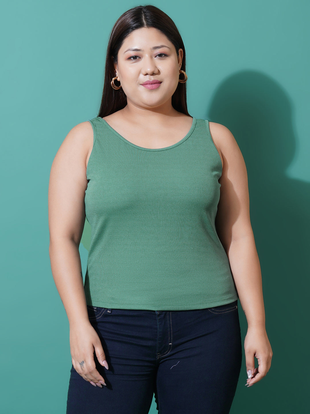 Women Plus Size Sea green Ribbed Tank top