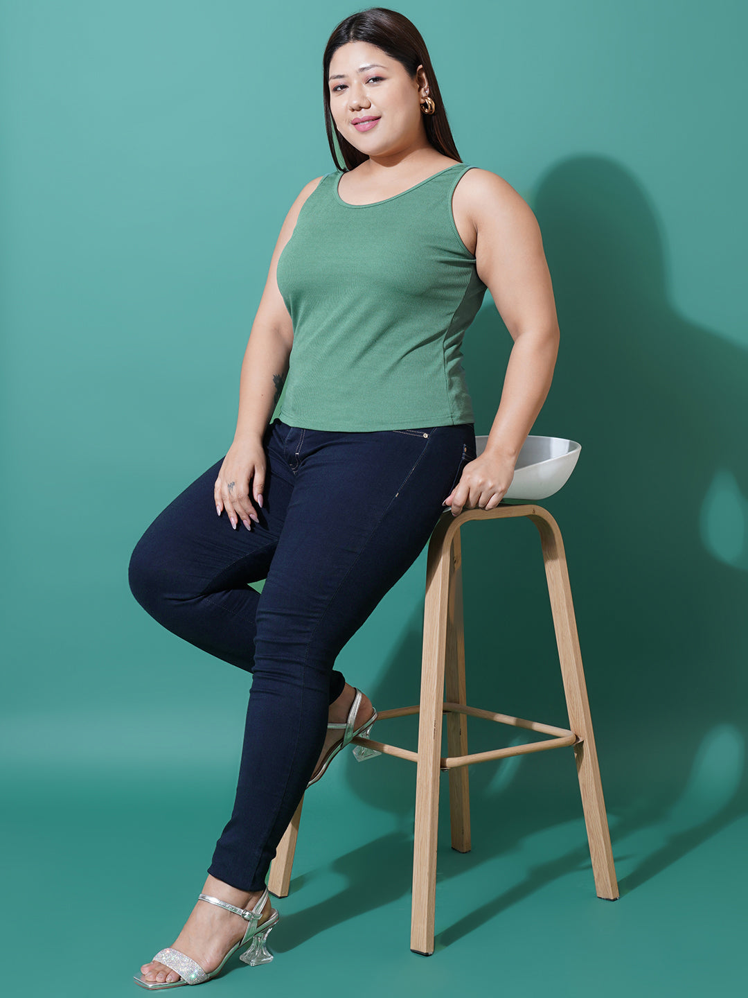 Women Plus Size Sea green Ribbed Tank top